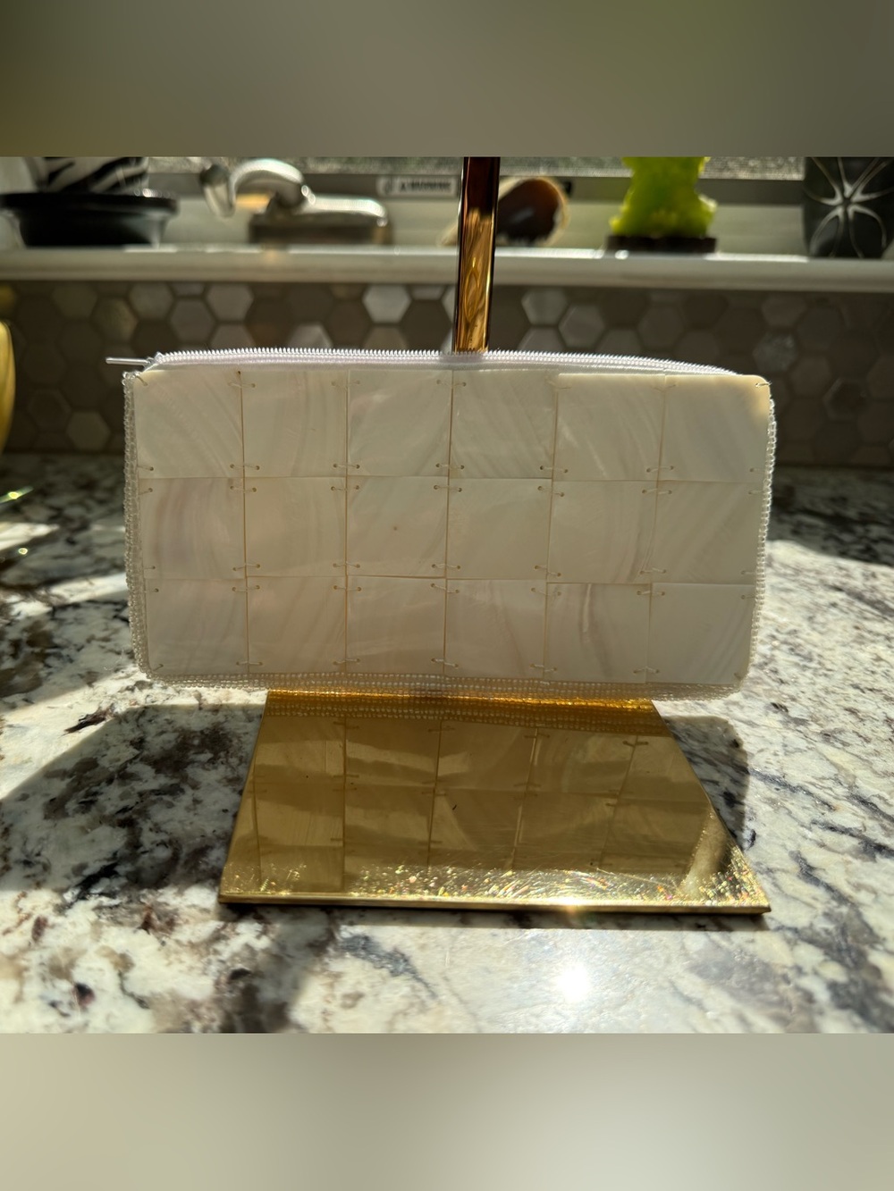 Elegant Mother-of-Pearl Tile Zip Pouch - White